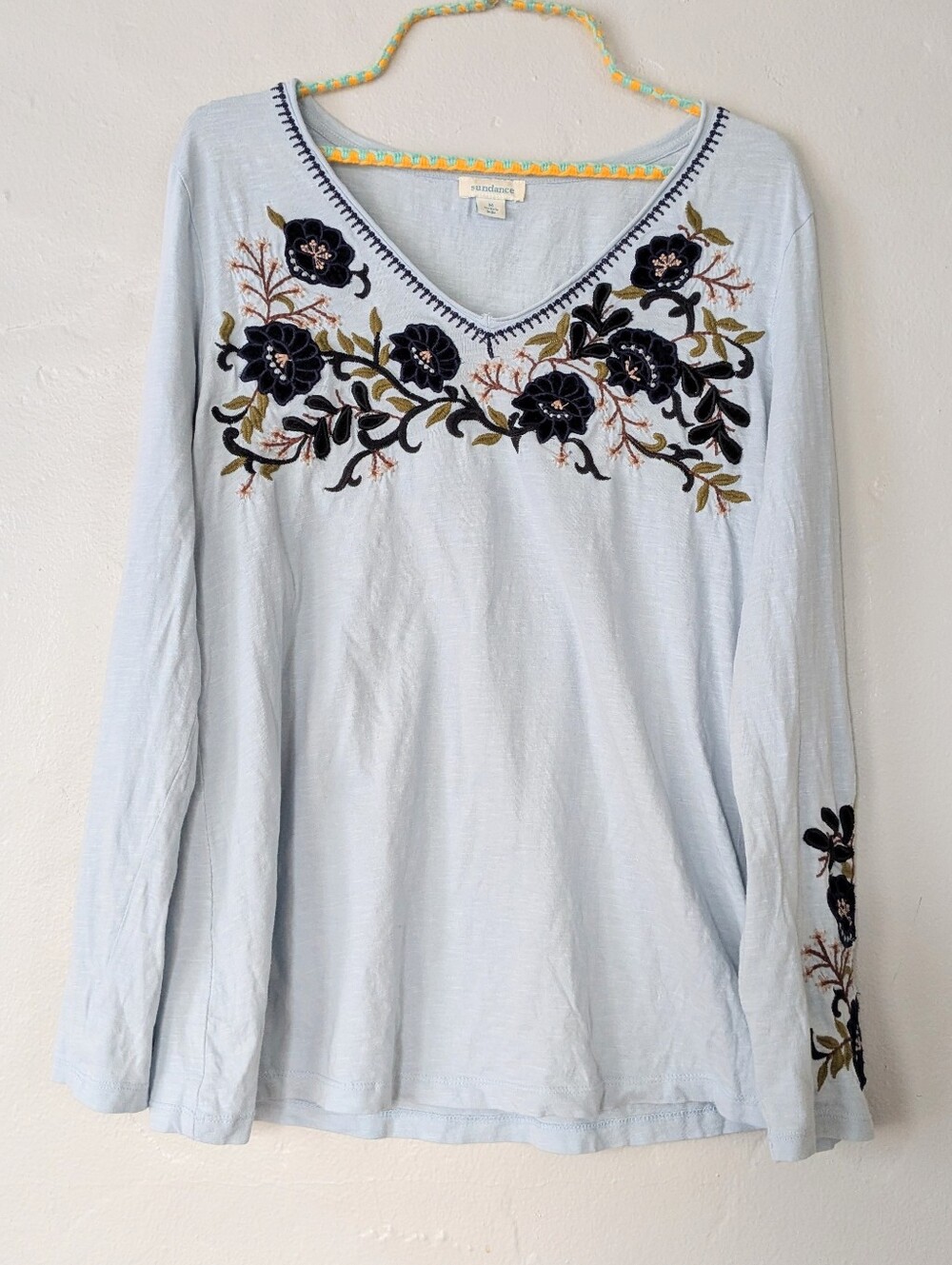 Sundance Blue Embroidered Floral Long Sleeve Top V-Neck Size Medium